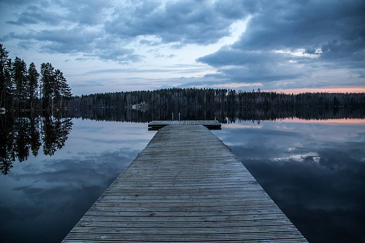finland, evening, lake, nature, dark, dock, water, blue, HD wallpaper