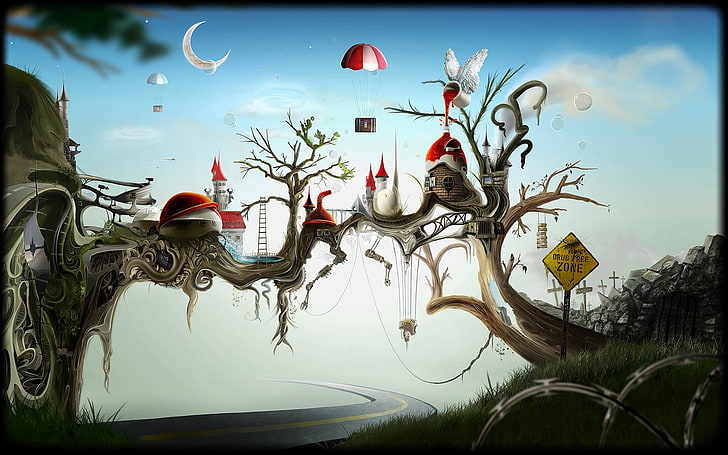 nagie drzewo z ilustracją domu, sztuka cyfrowa, surrealistyczne, ławka, droga, budynek, znaki, Księżyc, drzewa, drut kolczasty, drabiny, David Fuhrer, grafika, zamek, gałąź, skrzydła, fantasy art, Tapety HD