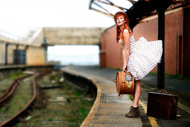 suitcase, women, train station, model, HD wallpaper