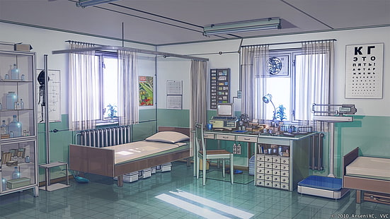 biało-czarna drewniana szafka kuchenna, szpital, łóżko, ArseniXC, grafika, Tapety HD HD wallpaper