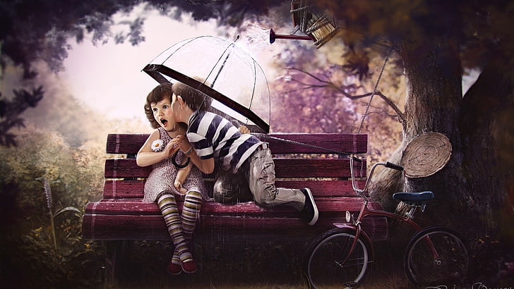 boy kissing girl while sitting on bench illustration, love, children, artwork, umbrella, HD wallpaper