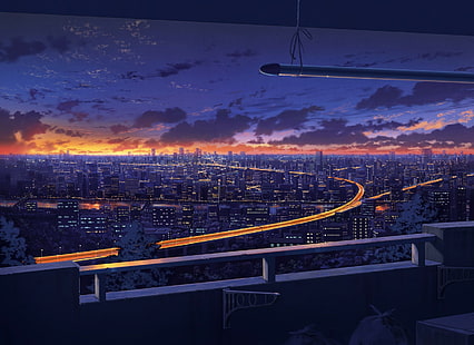 небе, град, нощ, аниме, Япония, път, HD тапет HD wallpaper