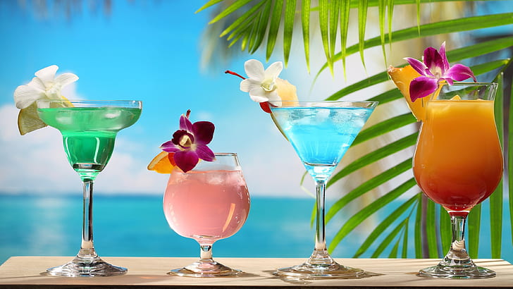 Tropical cocktails, different colors, glass cups, flowers, Tropical, Cocktails, Different, Colors, Glass, Cups, Flowers, HD wallpaper