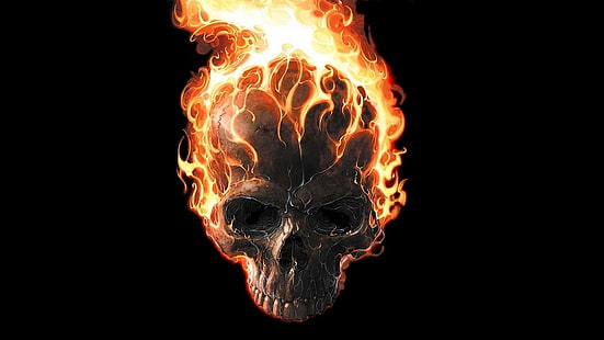 Tapeta Marvel Ghost Rider, sztuka cyfrowa, czarne tło, minimalizm, czaszka, zęby, ogień, Ghost Rider, plakat filmowy, palenie, komiksy, Marvel Comics, Tapety HD HD wallpaper