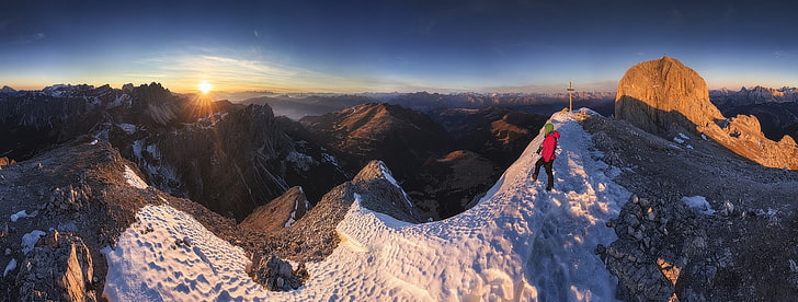 landscape, nature, Dolomites (mountains), sunset, panoramas, snow, summit, cross, hiking, winter, Italy, HD wallpaper