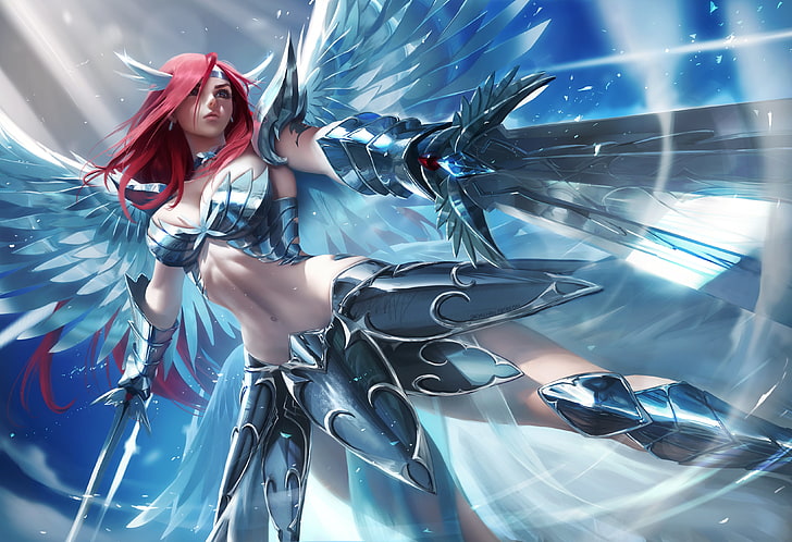 Erza Scarlet illustration, armor, boots, brown eyes, Scarlet Erza, fairy tale, Fairy Tail, headband, long hair, realistic, red heels , redhead, Sakimichan, sword, weapon, wings, HD wallpaper