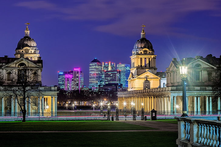 cityscape photography, greenwich observatory, park, london, uk, city, night, architecture, buildings, lighting, HD wallpaper
