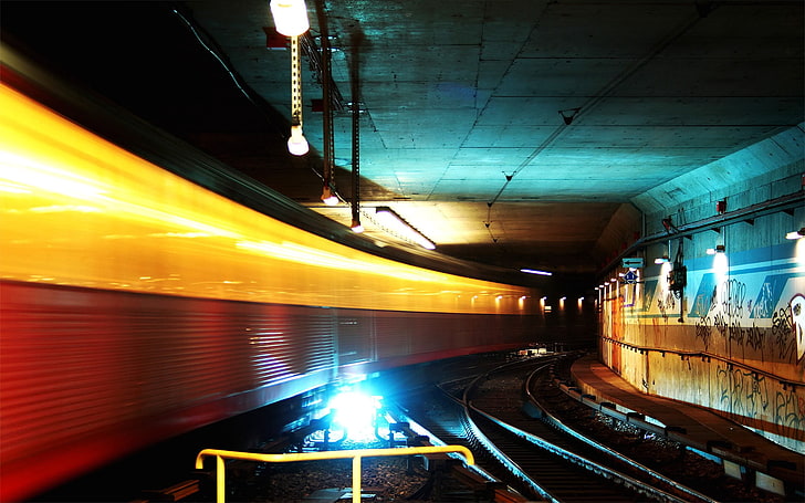 brown and black subway, subway, underground, light, dark, turn, railway, HD wallpaper