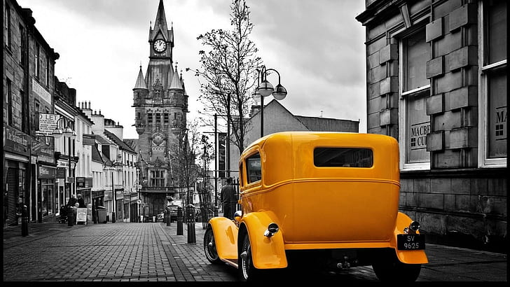 Hotrod In Europe, custom, yellow, clock, black, vintage, europe, hotrod, white, tower, classic, antique, HD wallpaper