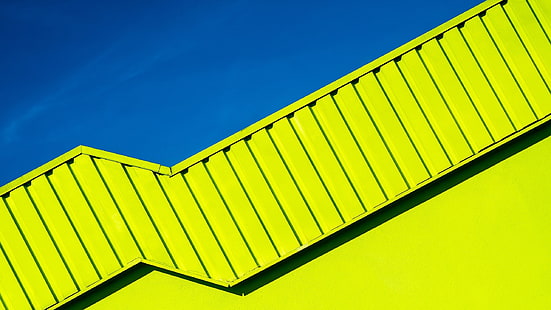 abstrakcja, architektura, nowoczesny, dachy, niebo, czyste niebo, niebieski, żółty, cień, minimalizm, Tapety HD HD wallpaper