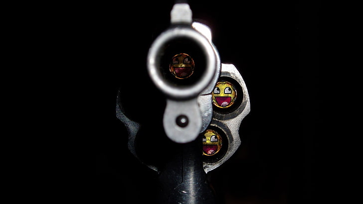 black revolver, gun, smiling, awesome face, weapon, HD wallpaper