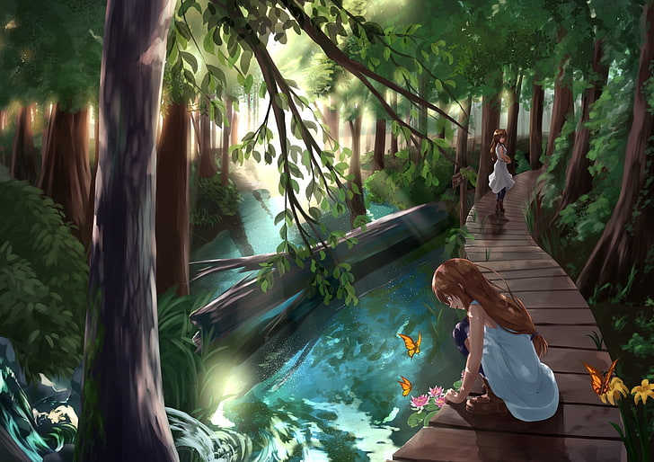 anime girls, forest, river, trees, nature, butterflies, Anime, HD wallpaper
