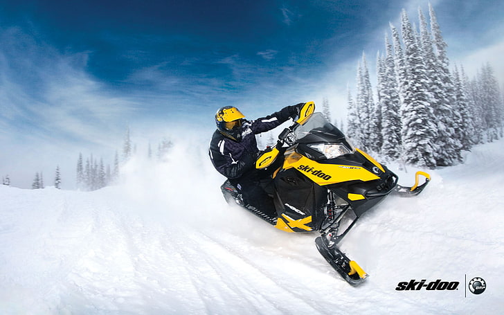 black and yellow Ski-Doo snowmobile, forest, snow, yellow, sport, snowmobile, ski-doo, mxz, brp, skidoo, HD wallpaper