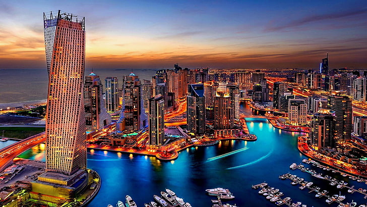 Miasto, Fotografia lotnicza, niebo, odbicie, wieżowiec, drapacz chmur, sylwetka na tle nieba, punkt orientacyjny, metropolia, wieczór, Dubaj, Pejzaż miejski, zmierzch, Azja, zachód słońca, zatoka, marina, ZEA, Zjednoczone Emiraty Arabskie, Tapety HD