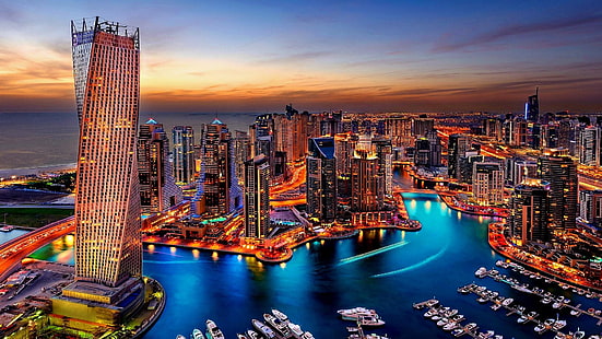 Miasto, Fotografia lotnicza, niebo, odbicie, wieżowiec, drapacz chmur, sylwetka na tle nieba, punkt orientacyjny, metropolia, wieczór, Dubaj, Pejzaż miejski, zmierzch, Azja, zachód słońca, zatoka, marina, ZEA, Zjednoczone Emiraty Arabskie, Tapety HD HD wallpaper