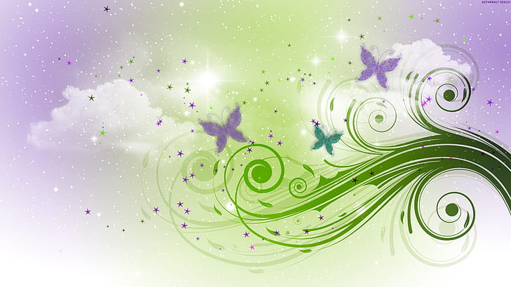 تصاميم الفراشة ، لوحة توضيحية فراشة خضراء وأرجوانية ، تصاميم ، فراشة، خلفية HD