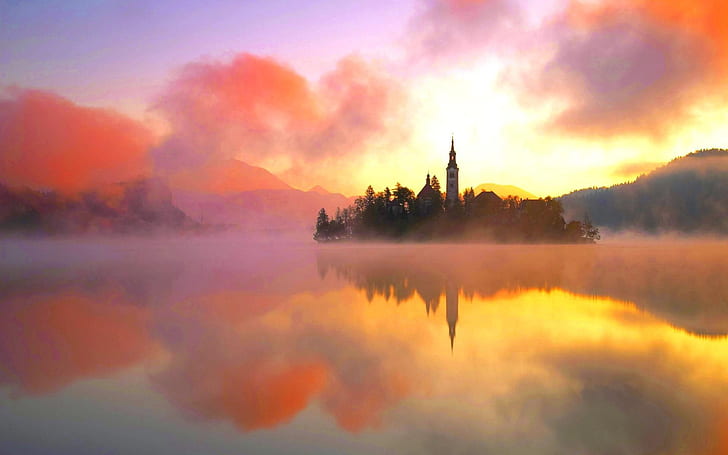 Lake Bled, northwestern Slovenia, warm morning sun, fog, Lake, Bled, Northwestern, Slovenia, Warm, Morning, Sun, Fog, HD wallpaper