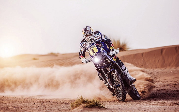 blue dirt bike, motorcycle, motocross, Red Bull, desert, HD wallpaper