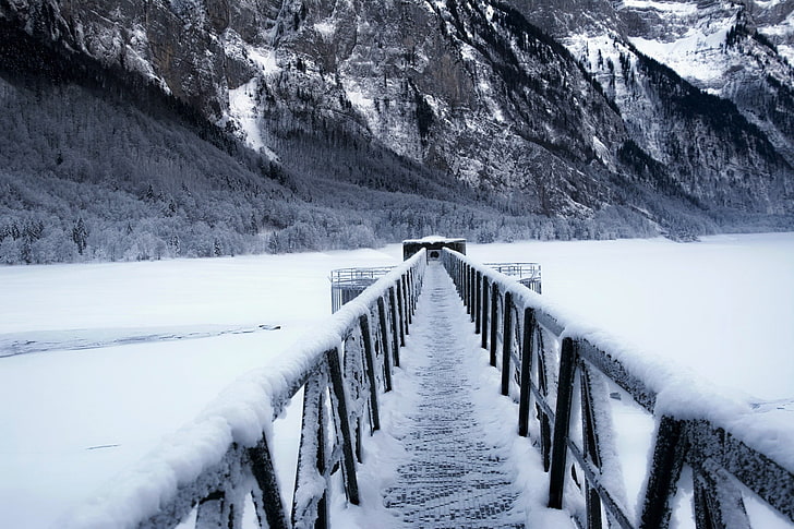 зима, планини, природа, пейзаж, лед, сняг, Швейцария, езерото Klöntaler, HD тапет