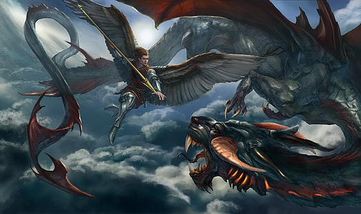 Фантазия, Ангелски войн, Ангел, Архангел, Дракон, HD тапет HD wallpaper