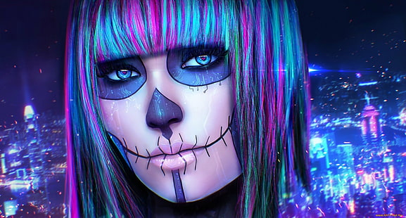 Artistic, Sugar Skull, Colorful, Day of the Dead, Girl, Hair, Makeup, Woman, HD wallpaper HD wallpaper