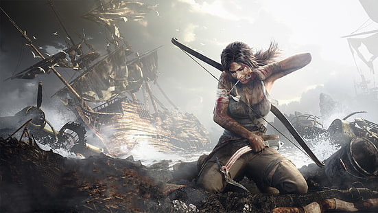 خلفية Tomb Rider الرقمية ، الرسوم المتحركة ، ألعاب الفيديو ، Lara Croft ، Tomb Raider ، Tomb Raider 2013 ، الأعمال الفنية ، القوس ، الحطام ، السفينة الشراعية ، الركوع ، شخصيات ألعاب الفيديو، خلفية HD HD wallpaper