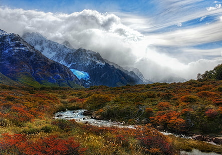 river surrounded with orange and green plants against mountain alps, stream, hike, blue glacier, river, orange, green plants, alps, Portfolio, d3x, Patagonia, Argentina, El Chalten, glacier, andes  mountains, HDR, Photographer, Pro, Nikon, Photography, Amazing, Lovely, Emotions, Beautiful, Stunning, Shot, Shoot, Capture, Image, Picture, Edge, Angle, Composition, Processing, Treatment, Fun, Framing, Unique, Background, resolution, lighting, Light, reflections, tones, Mood, WallPaper, cool, magical, texture, Perfect, surreal, exposure, painting, landscape, clouds, blue, scenic, natural, mountain, water, foliage, valley, cold, nature, scenics, outdoors, autumn, beauty In Nature, mountain Peak, HD wallpaper HD wallpaper
