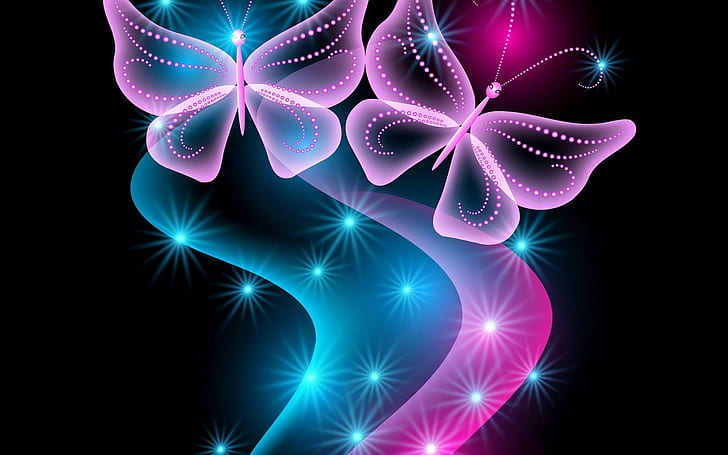 3d, abstract, blue, butterflies, butterfly, glow, neon, Pink, sparkle, HD wallpaper