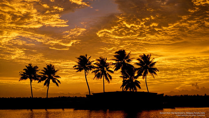 Zachód słońca nad rozlewiskami, Alleppey, Kerala, Indie, wschody / zachody słońca, Tapety HD
