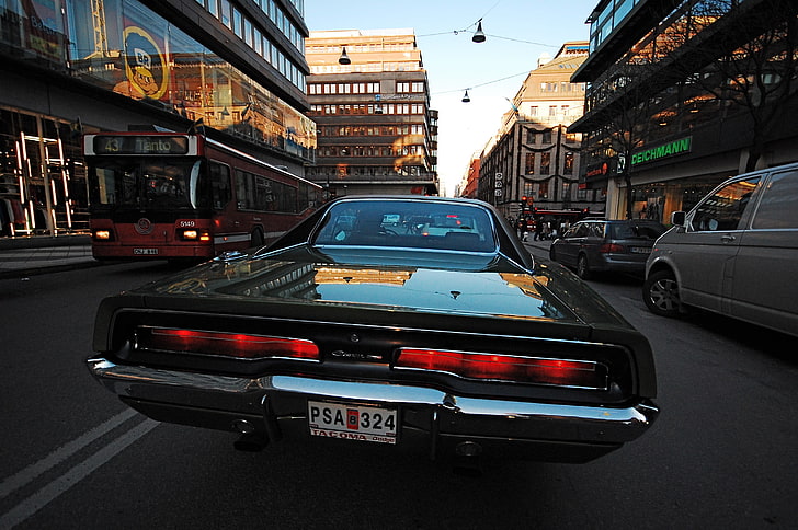 auto classica nera, auto, Dodge, città, strada, 1969 Dodge Charger R / T, Sfondo HD