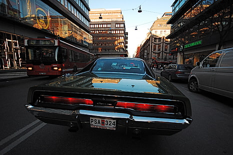 mobil hitam klasik, mobil, Dodge, kota, jalan, 1969 Dodge Charger R / T, Wallpaper HD HD wallpaper
