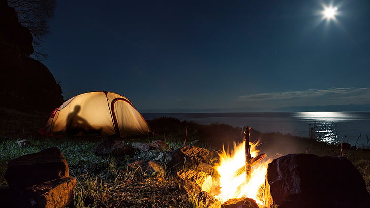 moonlight, camp, tent, movement, hiking, campfire, night, moon, adventure, HD wallpaper