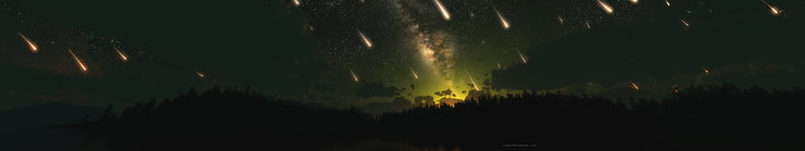 падащ метеорен тапет, панорамна фотография на планини през нощта, множество дисплеи, метеори, падащи звезди, звезди, небе, космос, троен екран, HD тапет