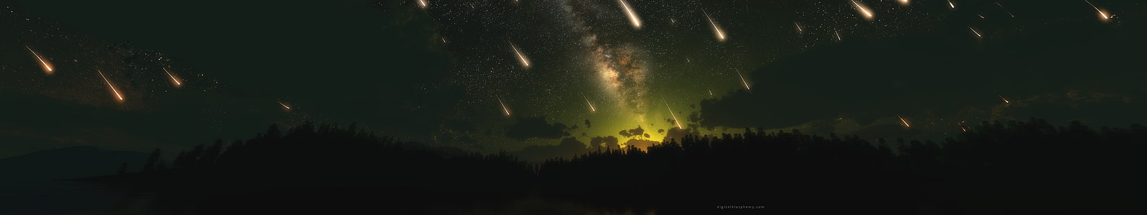обои падающий метеор, панорамная фотография гор в ночное время, многократный дисплей, метеоры, падающие звезды, звезды, небо, космос, тройной экран, HD обои HD wallpaper