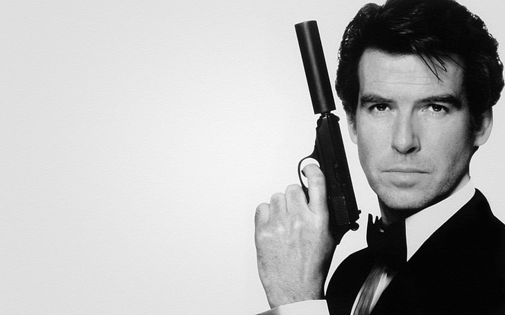007, agen, hitam, ikatan, brosnan, senjata, james, pria, mena, tembus, pistol, senjata, putih, Wallpaper HD