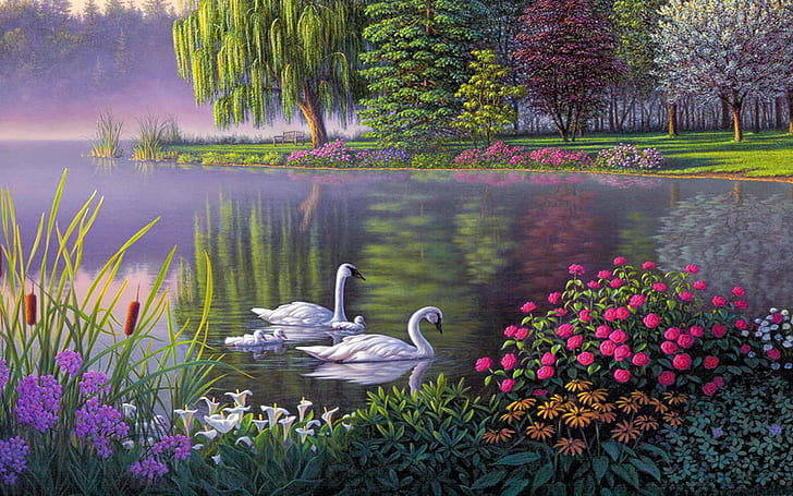 المناظر الطبيعية ، بحيرة البجع ، الأشجار ، الزهور ، الفن ، ورق الجدران HD-1920 × 1200، خلفية HD
