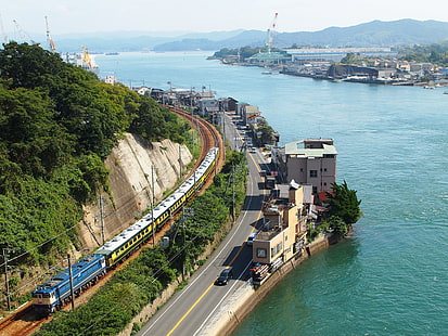 القطار الرمادي والأزرق ، اليابان ، cityscape ، والسكك الحديدية، خلفية HD HD wallpaper