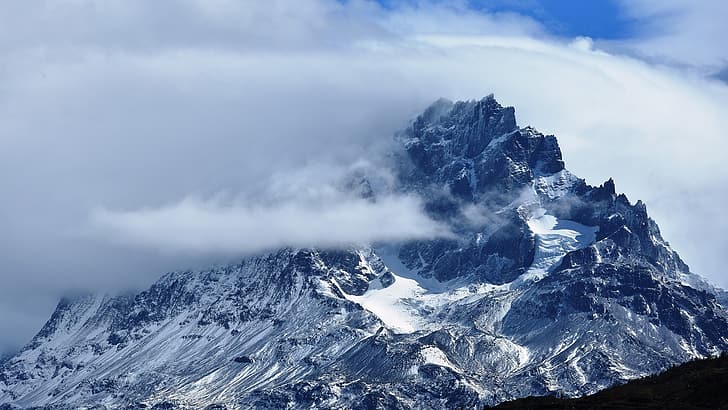 przyroda, krajobraz, góry, chmury, śnieg, zaśnieżona góra, Torres del Paine, Patagonia, Chile, Tapety HD