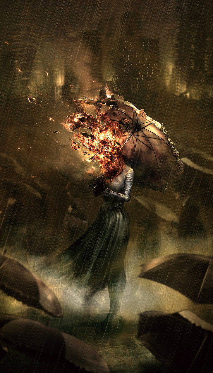 femme brûlante avec parapluie pendant le papier peint de la saison des pluies, parapluie, pluie, feu, femmes, art fantastique, art numérique sombre, Fond d'écran HD, fond d'écran de téléphone