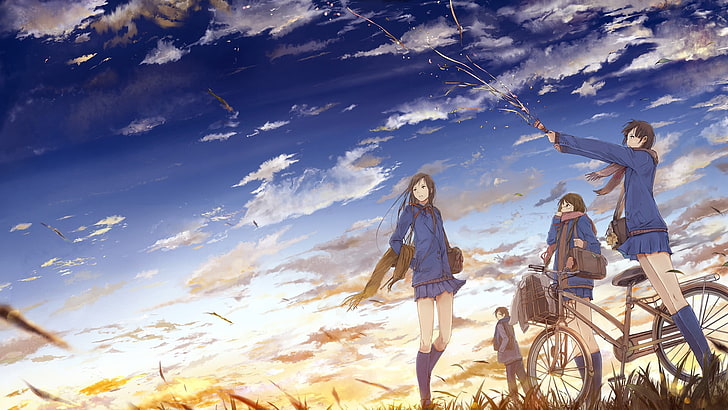 草フィールドイラスト、オリジナルキャラクター、自転車、制服、雲、空、アニメの女の子、アニメ、日没、女子高生に立っている3人の女性アニメキャラクター、 HDデスクトップの壁紙
