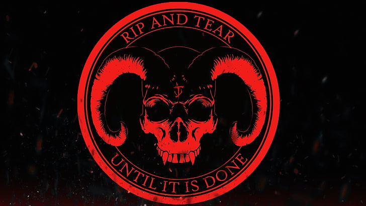 Rip and Tear Until It It Done logo, Doom (game), demon, teeth, symbols, video games, minimalism, Satanism, satanic, devils, inspirational, quote, metal music, HD wallpaper