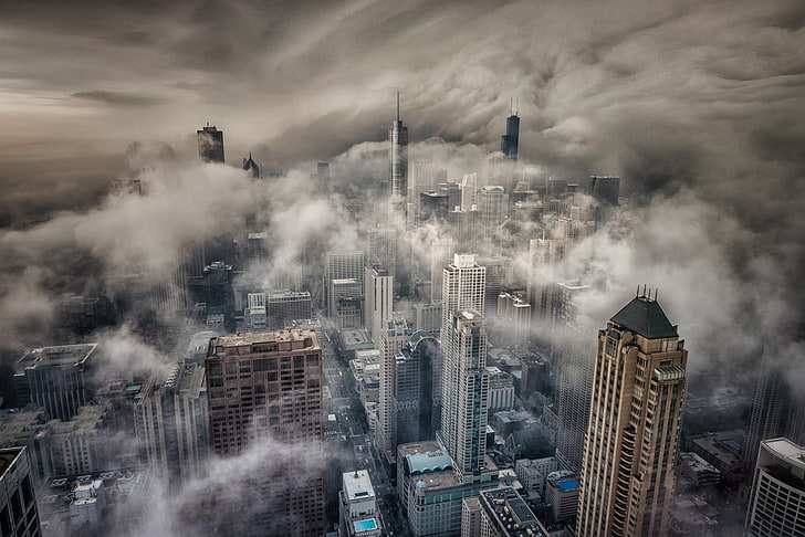 höghöjda betongbyggnader, Chicago, stad, dimma, moln, skärpedjup, byggnad, stadsbild, HD tapet