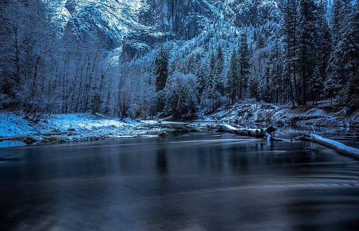 водно тяло със заснежена планина на разстояние, пейзаж, сняг, Национален парк Йосемити, HD тапет