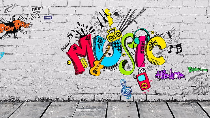 graffiti, street, street art, musica, muro, Sfondo HD