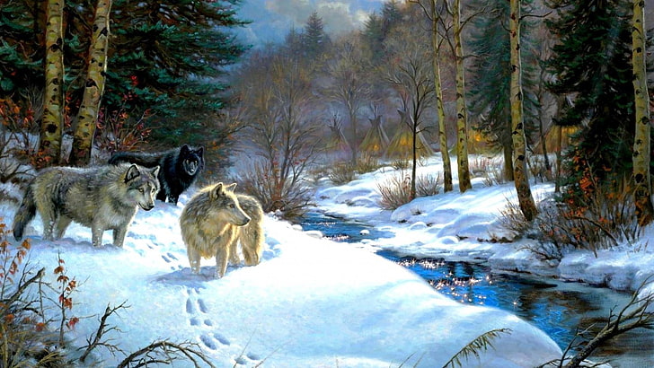 wildlife, winter, snow, wilderness, freezing, wolf, tree, woodland, forest, tundra, wolves, ice, painting, HD wallpaper