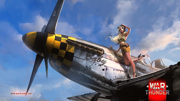 War Thunder Nose Art Blonde Mechanic Drawing WWII World War Airplane Plane HD, gry wideo, rysunek, sztuka, świat, wojna, samolot, blond, samolot, ii wojny światowej, nos, grzmot, mechanik, Tapety HD