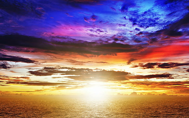 Piękny zachód słońca, widok, cudowne, kolorowe niebo, promienie, piękny, zachód słońca, spokojny, kolorowy, ocean, przepych, niesamowity, Tapety HD