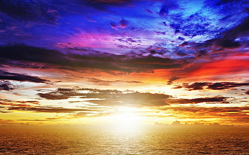 Piękny zachód słońca, widok, cudowne, kolorowe niebo, promienie, piękny, zachód słońca, spokojny, kolorowy, ocean, przepych, niesamowity, Tapety HD HD wallpaper