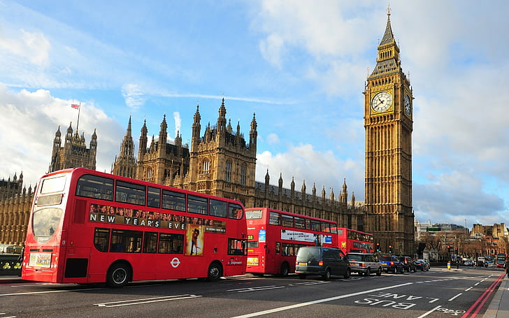 Inghilterra, Big Ben, Abbazia di Westminster, Big Ben, Londra, Inghilterra, Big Ben, Abbazia di Westminster, città, strada, autobus, la strada, l'autobus, Sfondo HD