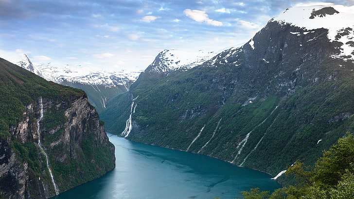 водное пространство, река, лед, снег, природа, каньон, пейзаж, горы, фьорд, Норвегия, HD обои